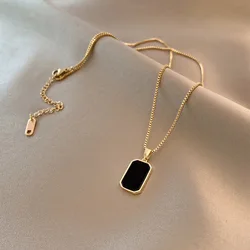 Elegant Stainless Steel Minimalist Rectangular Pendant Necklace with Black Epoxy Detailing in Gold (N1202)