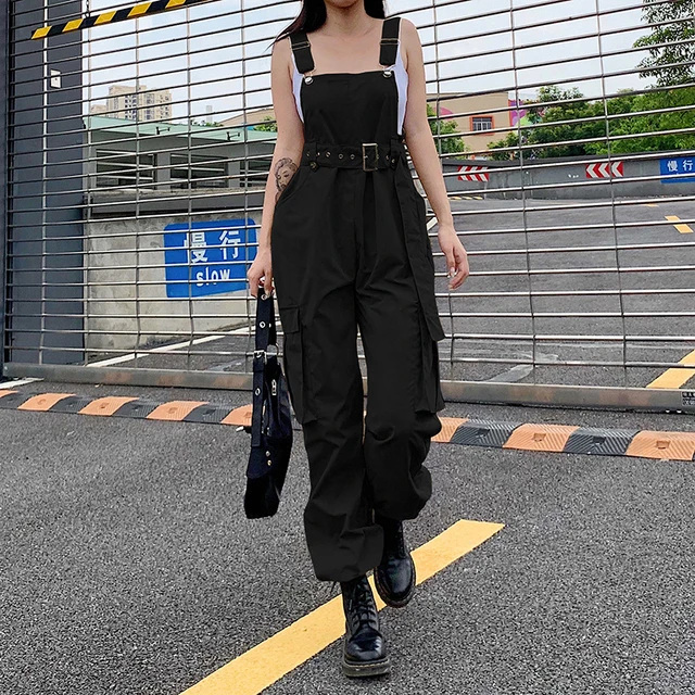 Rockmore Gothic Black Overalls Womens Cargo Pants Plus Size Sling Bow Belt Dungarees Wide Leg Pants Casual Trousers Plus Size