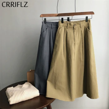 

Spring Solid Casual Skirt Women Vingate High Waist New Mid Calf A Line Skirt Female Simple Khaki Gray Skirts