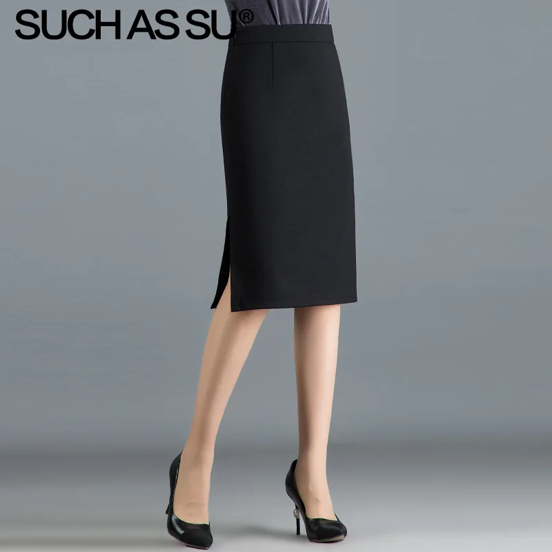 Новая зимняя трикотажная юбка с запахом, женская черная юбка-карандаш с высокой талией, S-3XL размера плюс, до колена, с высоким разрезом, Женская юбка - Цвет: Black skirt