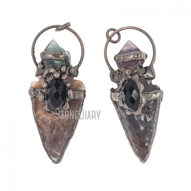 

PM36847 Tin Rainbow Fluorite Flint Antique Bronze Plated Soldered Point Arrow Shape Pendant Stone Jewelry