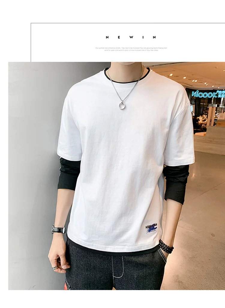 Горячая Распродажа, Fake-2piece, мужские футболки, осенняя новая хлопковая футболка с длинными рукавами, Homme, свободный круглый воротник, футболки с буквами, мужская одежда