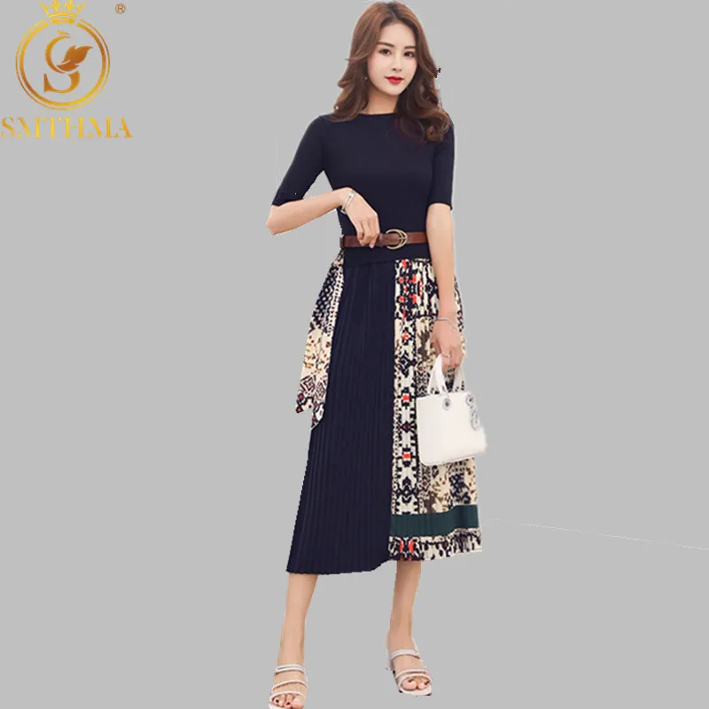  High Quality New Autumn And Winter Women knit printing chiffon Patchwork Pleated Dress Elegant part