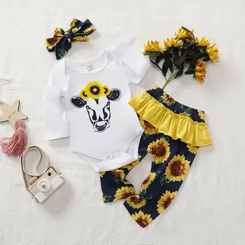 

Emmababy 3PCS Newborn Baby Boy Girl Cotton Cloths Long Sleeve Sunflower Animal Printed Romper+Floral Pants Outfit Autumn