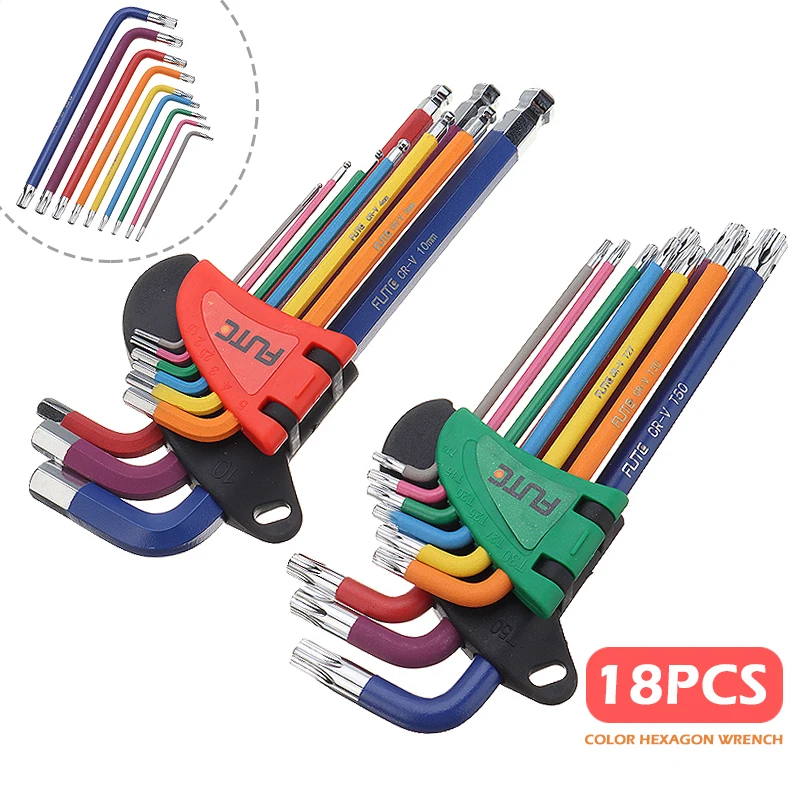

18pcs Ball-End Torx Hex Allen Key Wrench Set 1.5-10mm Color Coded Torque Long Metric With Sleeve Hand Tools Bicycle Accessories