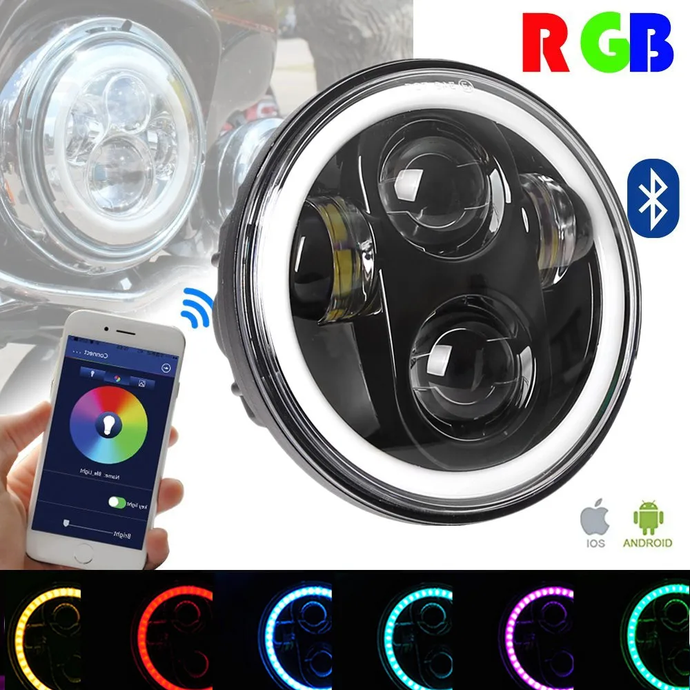 

Motorcycle Led Multi Color RGB Halo Headlight 5.75 Inch 40W Bluetooth Remote Projector Headlamp Bulb 5 3/4