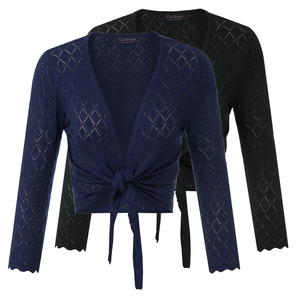 Greatest Curlbiuty Women's Cropped Knitwear Coat Shrug 3/4 Sleeve Tie Front Diamond Pattern Fashion Lady Sli
