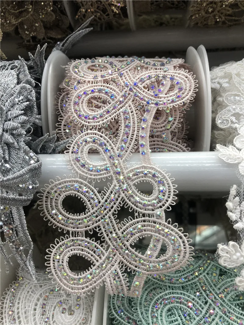 2.7'' Wide high quality  Luxry  Venice Applique / Venise chemical rhinestone Lace trim DIY crafted Fabric sewing wedding dress
