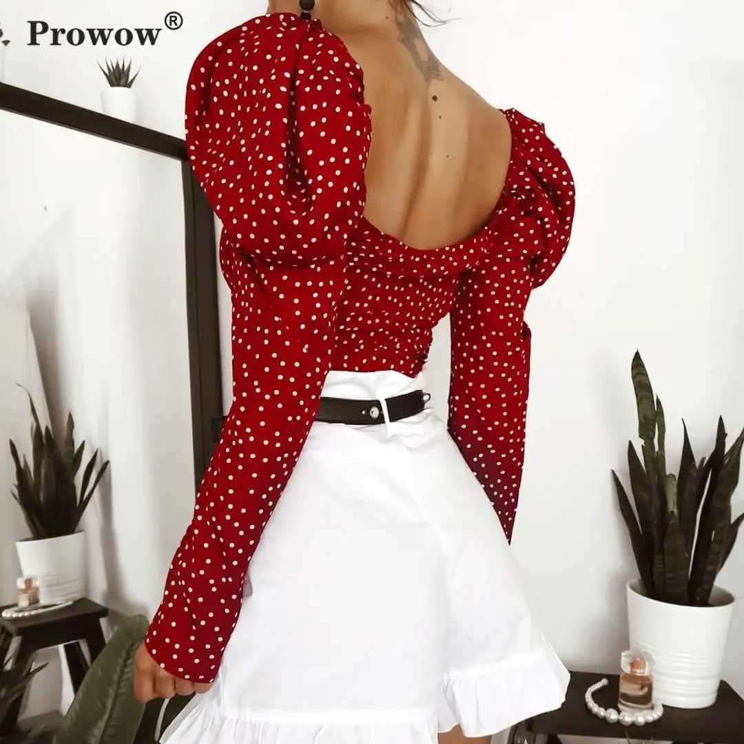 Prowow Сексуальная короткая блузка в горошек, женская рубашка с пышными рукавами и v-образным вырезом, Женская шикарная весенне-летняя новинка, топы