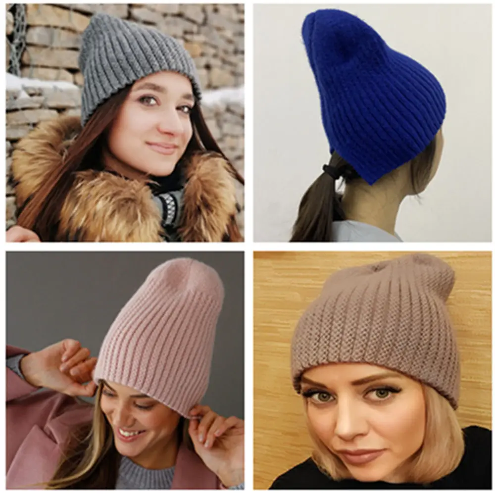 New Women Hat Kpop Style Autumn And Winter Hat Soft Beanie Hats For Women Leisure Back Split Teens Ponytail Knitted Cap