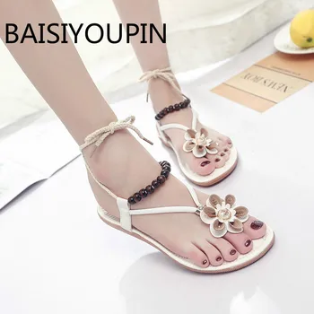 

2019 Women Causal Sandals Woman Summer Bohemian Beach Shoes Toe Flower Beads Rome Sandals Plus Size 41 ladies Flats Sandals