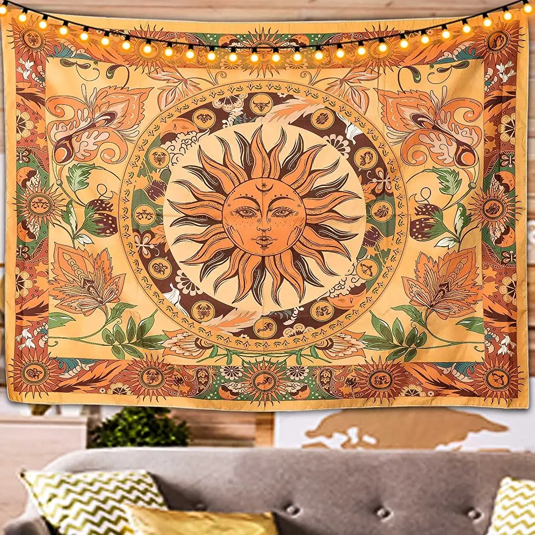 Tohobk Yellow Vintage Sun and Moon Tapestry, Indie Boho Sunflower