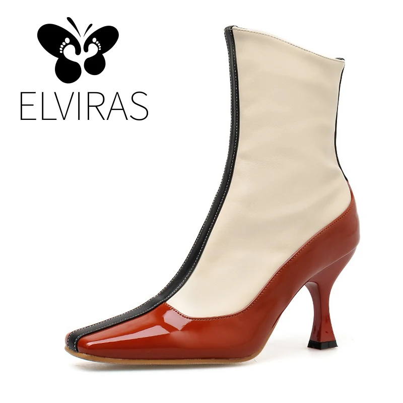 

ELVIRAS Women Color matching Ankle Boots 2019 Fashion Spring Autumn Ladies Boots Stiletto Heel Pointed Toe Women Shoes