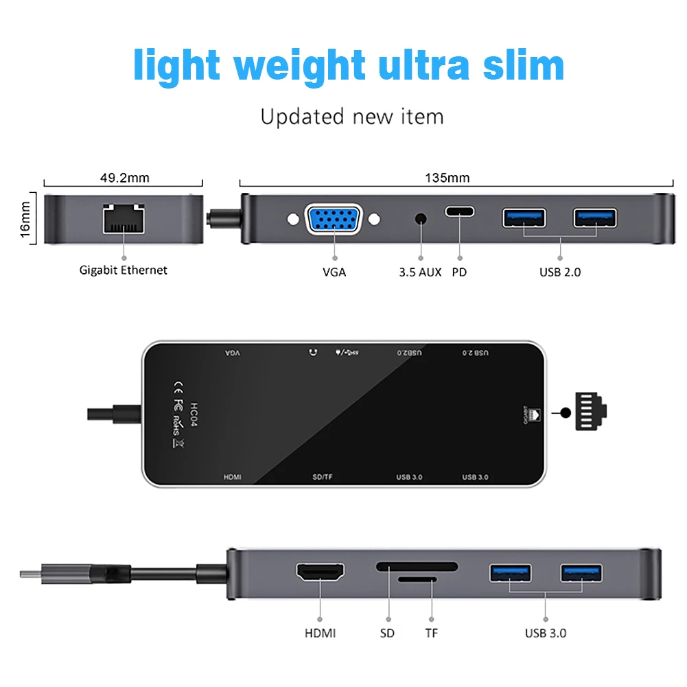 USB C Тип C концентратор TOTU 11-in-1 адаптер с поддержкой Ethernet 4K кабель-Переходник USB C на HDMI VGA 2 USB3.0 2 USB2.0 Micro SD/TF Card Reader устройство чтения карт