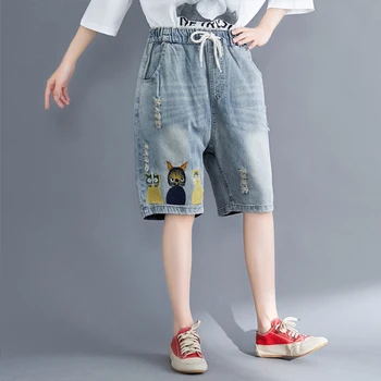

Cartoon Embroidery Blue Denim Shorts Women Soft Elastic Waist Loose Hole Jeans Female Pants Summer Vestidos