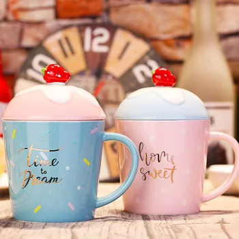 

420ml Cup Creative Personality Trend Mug with Lid with Spoon Cute Strawberry Ceramic Water Cup Girl Student Office