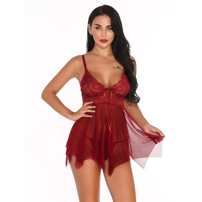 1 Set Sexy Lingerie for Women Erotic Transparent Babydoll Lace V Neck Mesh Sleepwear Dress Lingerie сексуальное белье 3Y29 (16)
