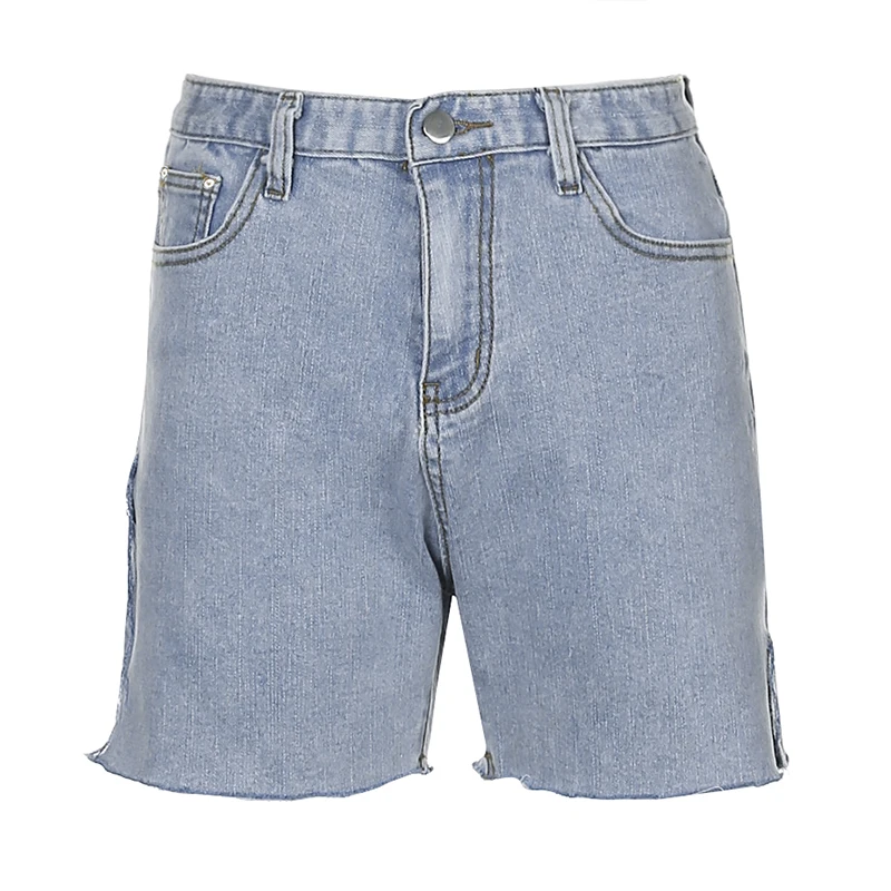 HIGAREDA Split Side Blue Denim Shorts Women Casual Fashion Jeans Short Pants Ladies High Waisted Shorts Summer Streetwear 2020