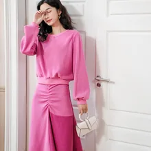 Leiouna хлопок вельвет повседневный розовый красный прямой до середины икры Империя