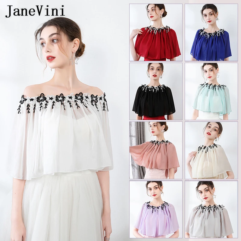 

JaneVini Elegant White Bridal Bolero 2021 Summer Off Shoulder Appliques Chiffon Shawl Wrap Evening Cape Jacket Wedding Cover Up