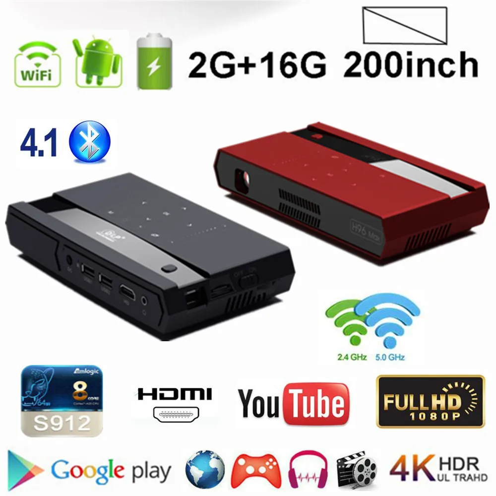

H96 MAX Smart Portable Projector DLP Display S912 Octa Core 2G 16G TV Box BT 4K HD Home Theater WiFi Voice Control Media Player