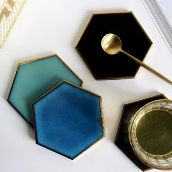 

1pc Ceramic Coaster Nordic Hexagon Gold-plated Placemat Insulation Coaster Porcelain Mats Pads Dining Table Decoration