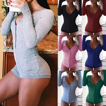 

Women Sexy V Neck Cotton Bodysuit Long Sleeve Autumn Clothing Wear Sexy Slim Short Cotton Knitted Bodycon Bandage Jumpsuit