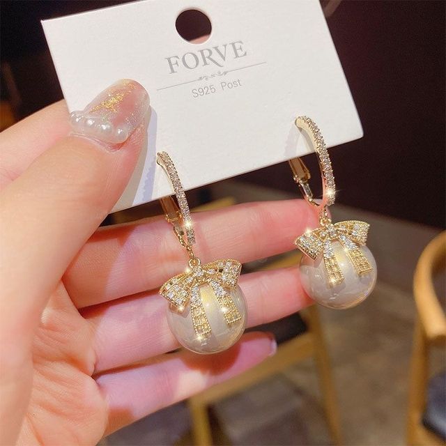 New Fashion Bowknot Oversized Pearl Drop Earrings For Women Shining Crystal Golden Metal Earrings Wedding Party Jewelry