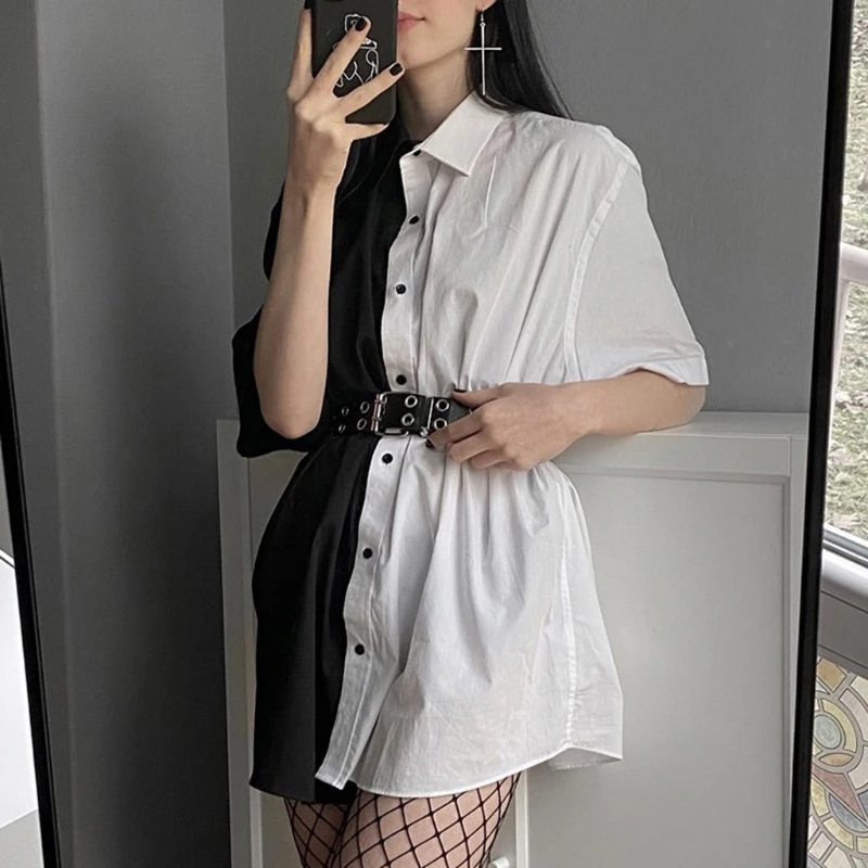 Women Dark Gothic Half Sleeve Lapel Blouse Dress Black White Color Block Button Down Oversized Loose Harajuku Tunic Tops Blouse Aliexpress