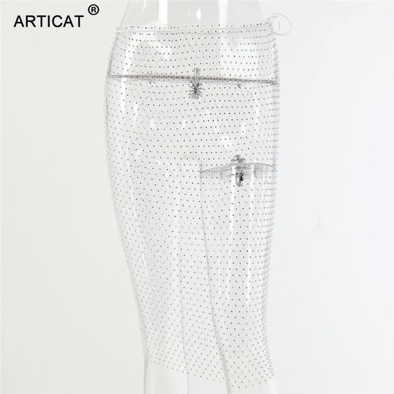 Articat Хрустальная сетка с ромбовидными отверстиями сексуальные юбки женские женские Леггинсы для йоги ажурные пляжные юбки для вечеринок прозрачный карандаш юбка