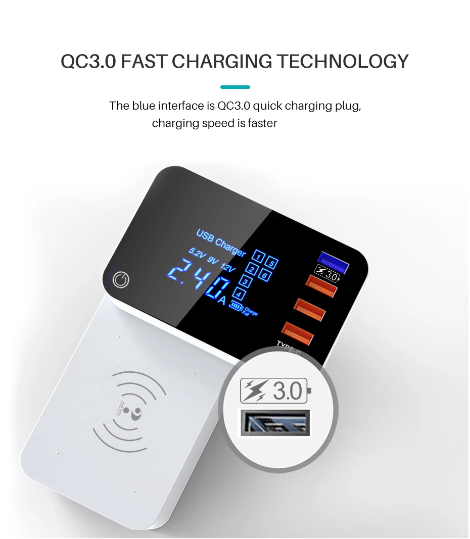 Smart USB зарядное устройство складной беспроводной QC3.0 Quick Charge Тип C кнопка переключения дисплей экран адаптер для iphone Xs Xiaomi samsung