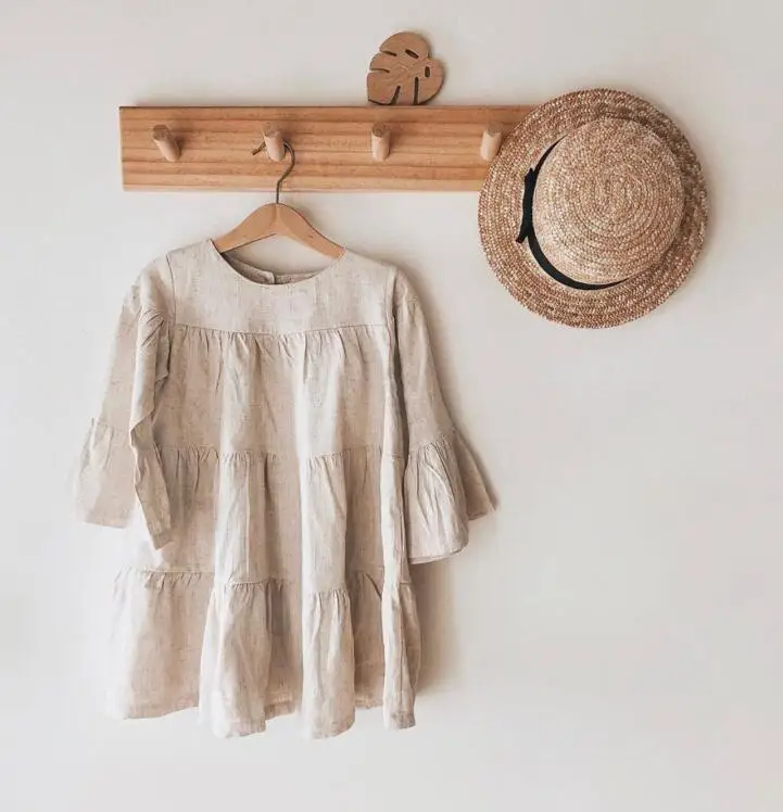Г. Однотонное льняное хлопковое платье с рукавами-колокольчиками для девочек; Западный праздник; Пляжная мода; Весна-лето; милая детская одежда с оборками