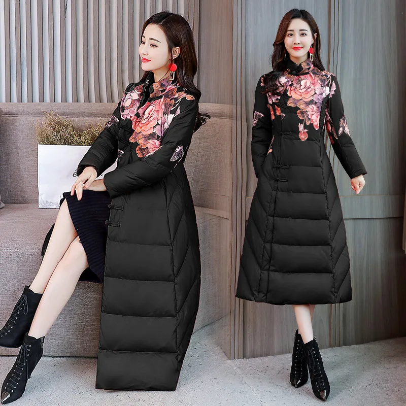 

2018 Winter New Style Slim Fit China Ethnic-Style down Jacket Cotton-padded Clothes Women's Long over-the-Knee Printed Cotton Ov
