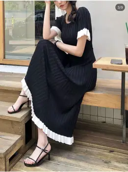 

Women Black Midi Dress O-neck Short-sleeved Knit Dresses Ladies Back Deep V Type Long Dress