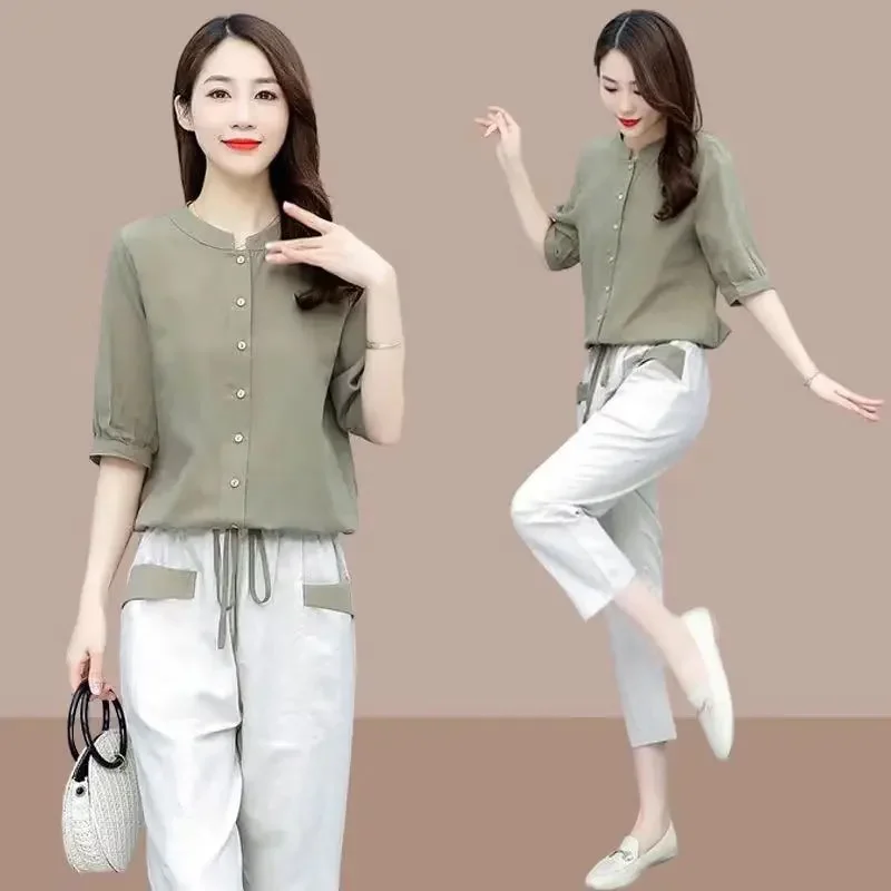 One-Piece/Suit Cotton Linen Women 2024 New Women's Short-Sleeved Shirt Nine-Point Pants Two-Piece Female Top Set  L658 luckymarche match point 07 t shirt qwtax23512gym