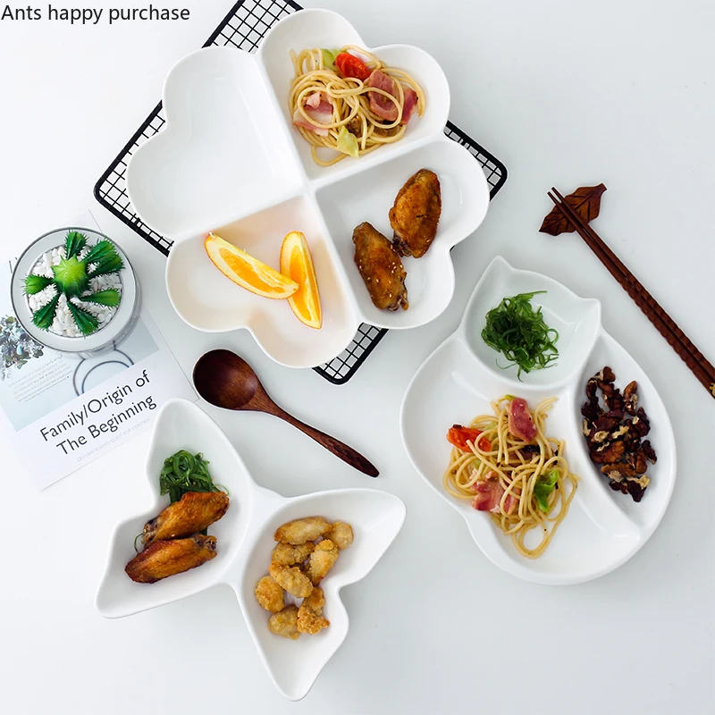 White Ceramics Dinner Plate Cartoon Tableware Cat Children's Dinner Plate Butterfly Multi-grid Bowl Dessert Nut Dried Fruit Dish
