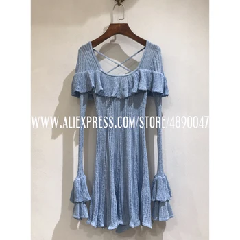 

Ruffled Trim Hollow Flare Sleeve Square Collar Slim Knit Dress 2020 Women's High Quality Stretch knit bright silk sexy dress