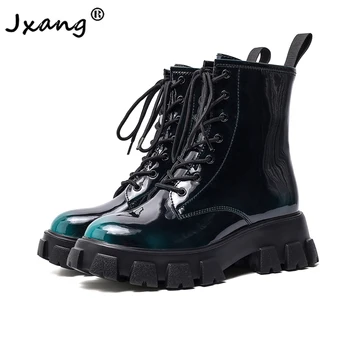 

JXANG Fashion High quality cowhide European and American style lace up Retro Thick bottom Simple and versatile ankle boots
