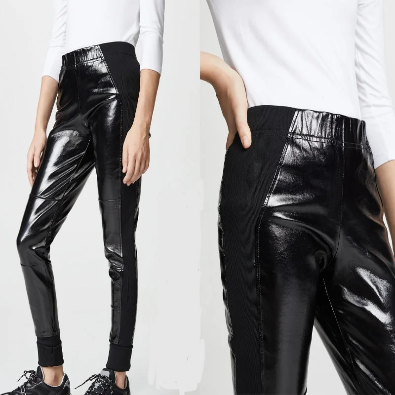 Модные брендовые брюки полной длины из блестящей лакированной кожи; сезон осень-весна; женские брюки высокого качества; тонкие брюки-карандаш из искусственной кожи; F838
