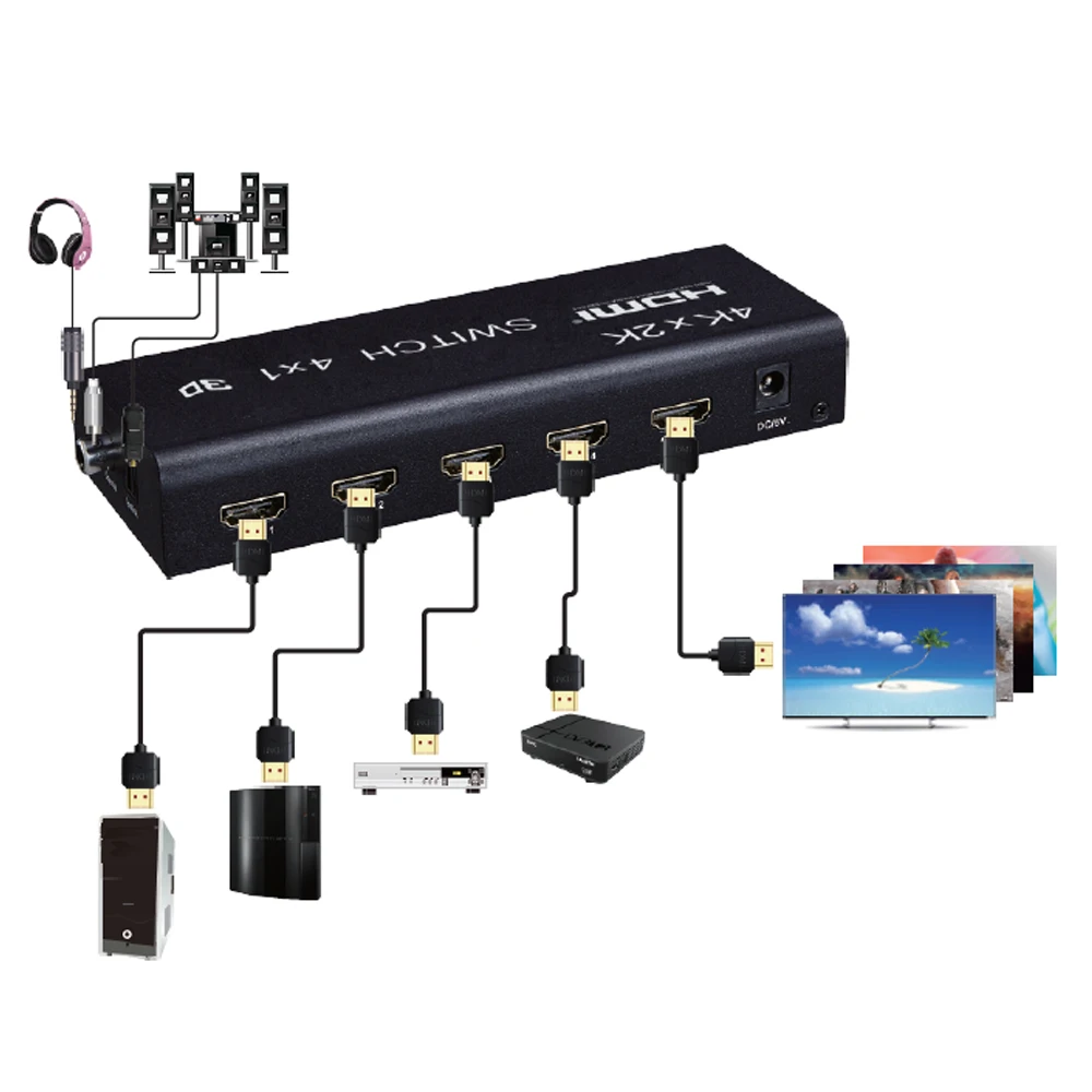 4K x 2K HDMI 스위치 4X1 3D 스위처 4in1 출력 독립 오디오 출력 3.5mm 헤드폰 섬유 동축, 1080P 4K PC-TV HDTV 스위치