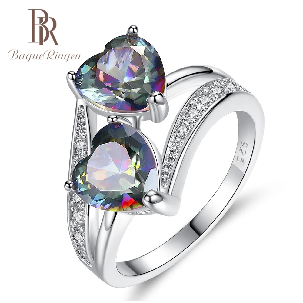 Женское кольцо с двойным сердечком Bague Ringen серебряное ювелирное изделие 925 пробы топазами подарки на