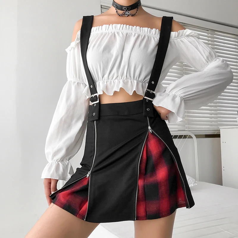 Iamhotty черная юбка на подтяжках для женщин на молнии лоскутный комбинезон пояс клетчатое модное мини-платье в стиле панк