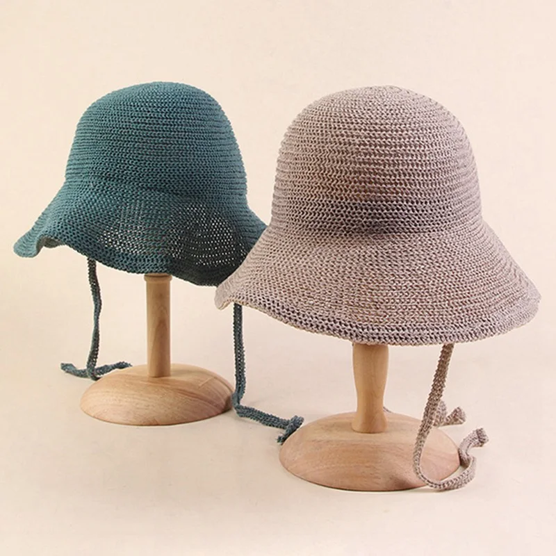 

Chic Women Bnadage Fisherman Hat 2020 New Summer Outdoor Sun Protect Hat Lace Up Knitted Cotton Bucket Hat Korea Simple Cap