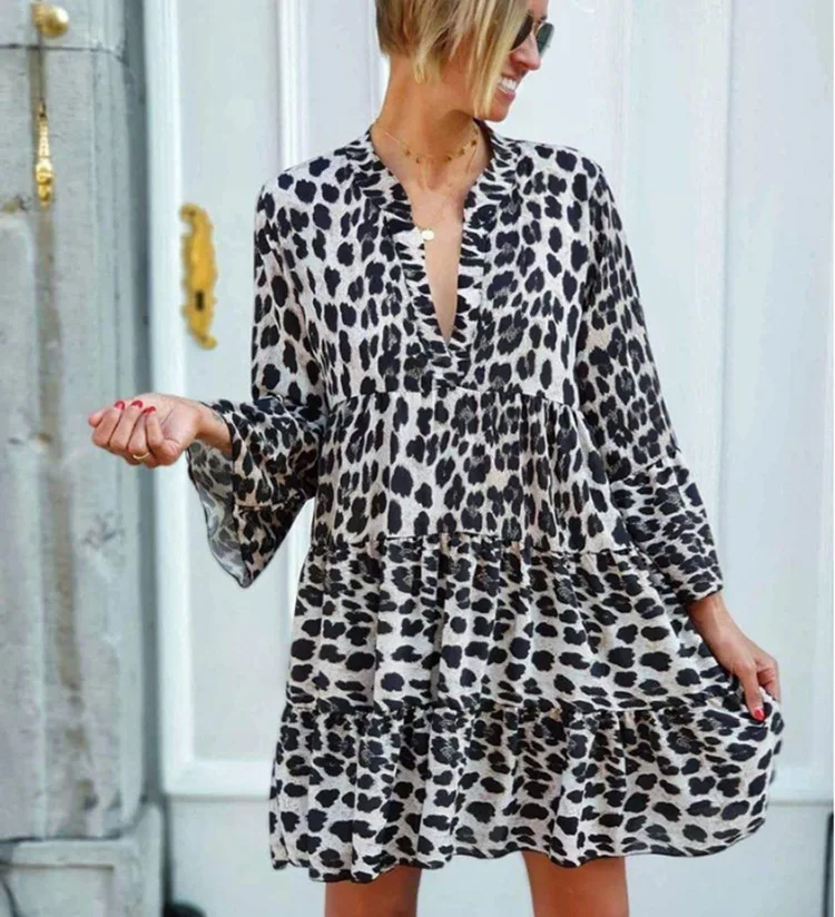 Big Size Ladies Dress Leopard Print High Waist V-neck Bell Sleeve Summer Beach Short Dresses Vestido Con Estampado De Para Mujer