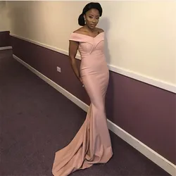Pink Bridesmaid Dress Zipper Back African Off The Shoulder Long Mermaid Satin Wedding Party Gown Robe De Soirée Mariage