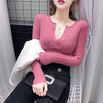 

COIGARSAM Knitting blouse women New Spring Full Sleeve V-Neck blusas womens tops and blouses Khaki Gray Rose 223
