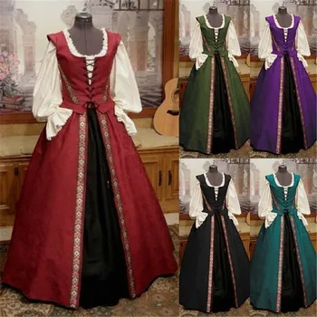 

Europe Medieval Vintage Retro Court Style Elegant Maxi Dress Ball Gown Princess Lantern Sleeve Floor Length Medieval Cosplay