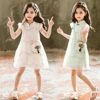 

MIANDUOXI Girls Dress Sets With Bag Summer New Fashion Girls Lace Cheongsam Dress Retro Children's Dress Embroider Bags for Free