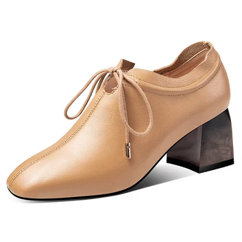 

Women's genuine leather thick high heel sqaure toe lace-up casual pumps OL style female autumn comfortable evening dress shoes