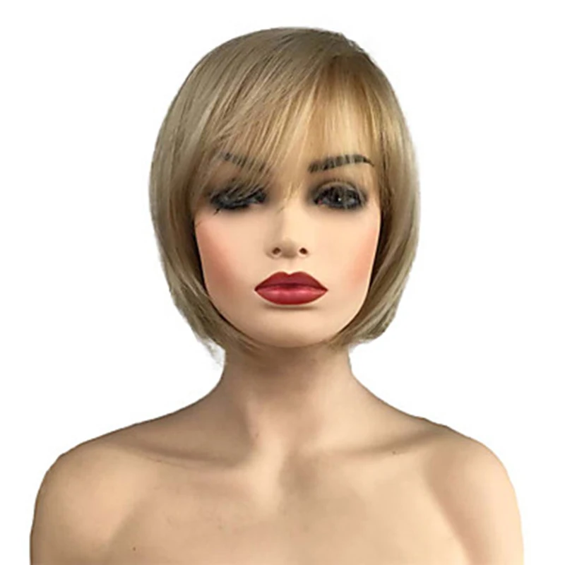 Women's Side Part  Synthetic Hair Wig Straight Bob  Bangs Wig Blonde Short
